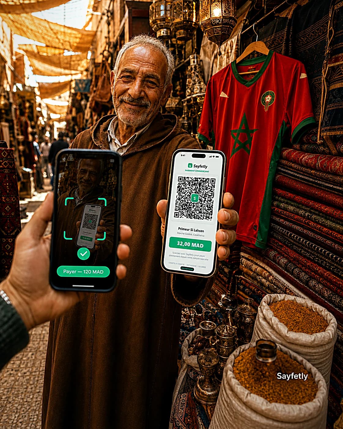 Client payant un commerçant marocain par QR avec Sayfetly.